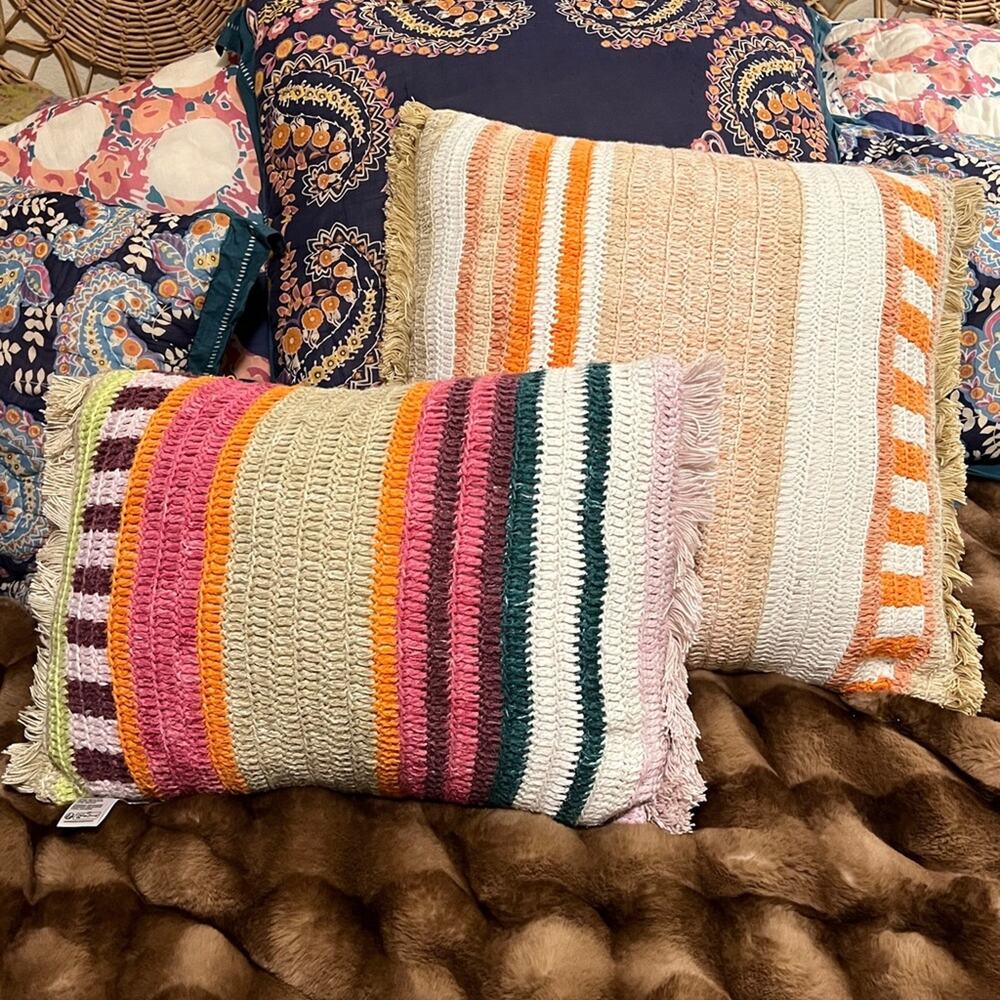 Anthropologie Set/2 Fabianna Crochet Indoor Outdoor Pillows Orange Pink Stripes